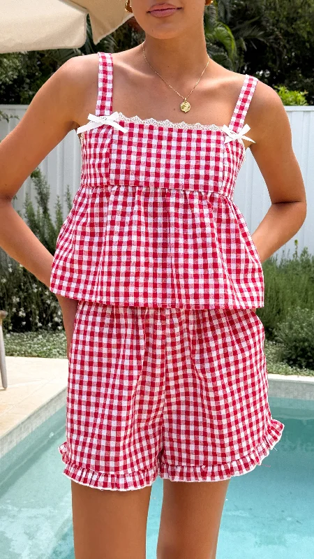 Elise Ribbon Top and Shorts Set - Red Gingham