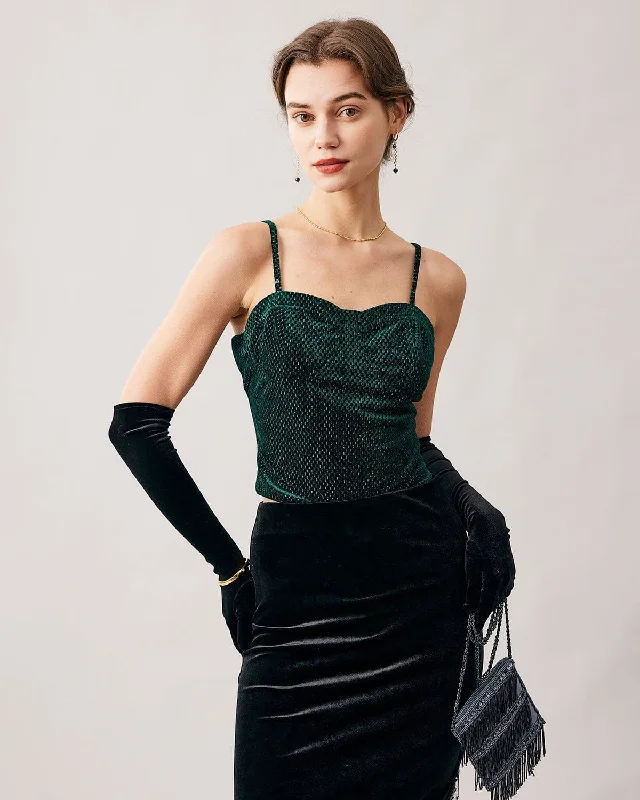 The Green Sweetheart Neck Velvet Crop Cami Top | GreenCroptopfashion