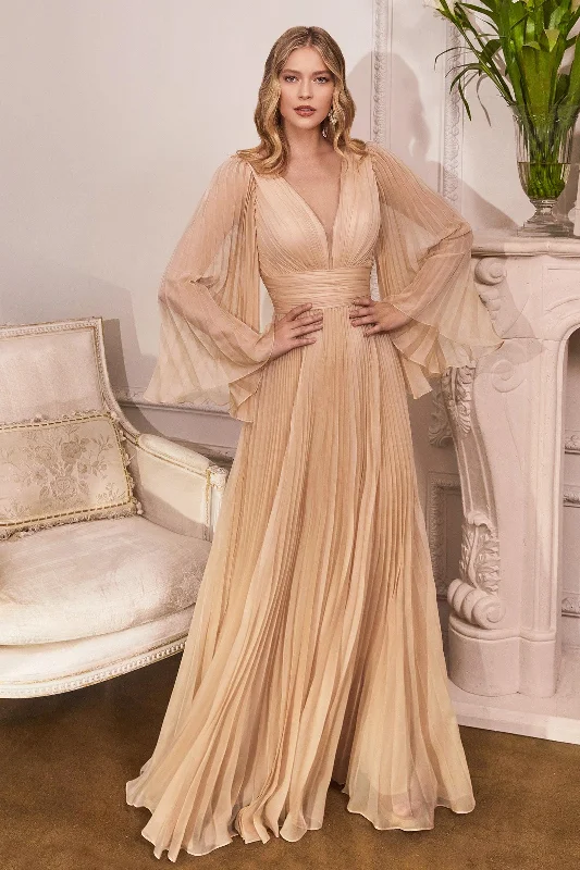 TightrhythmCinderella Divine CD242 Long Sleeve Pleated Formal Prom Dress Champagne