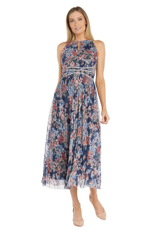 TightfinishR&M Richards 1112 Floral Print Metallic Formal Tea Length Dress