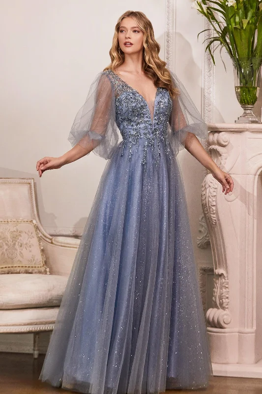 TightmixCinderella Divine CD0182 Long Sleeve Mother of the Bride Long Tulle Dress Smoky Blue