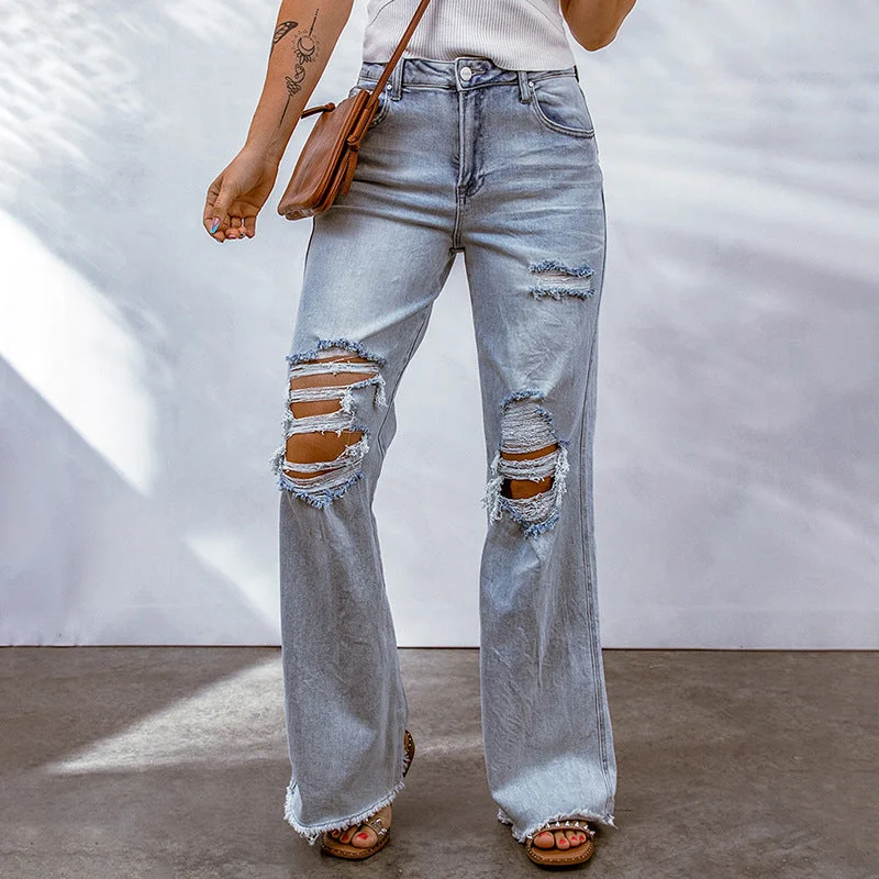 Ripped Hollow-out Wide-leg Cropped Pants For WomenCroptopprint