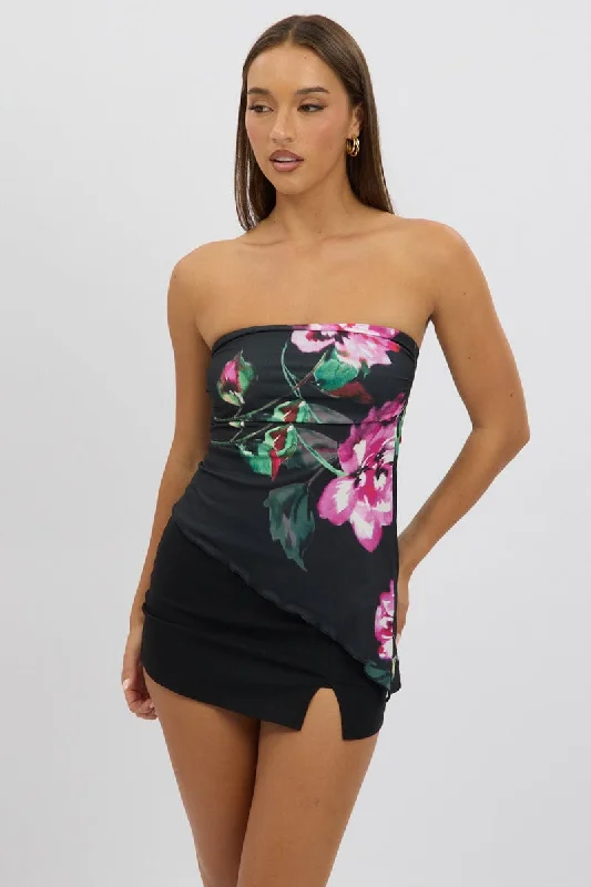 Black Floral Bandeau TopCroptopbreathable