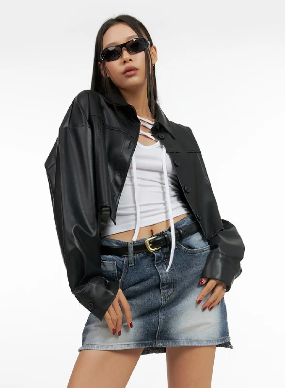 Buttoned Faux Leather Cropped Jacket IS427Croptopcollar