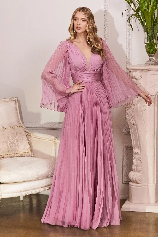 TightdeadlineCinderella Divine CD242 Long Sleeve Pleated Formal Prom Dress Blossom Pink