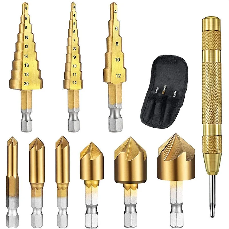 10pcs Step Drill Bit Set 1/4 Inch Hex Shank 5 Flute Countersink Drill Bit Set with Automatic Center Punch