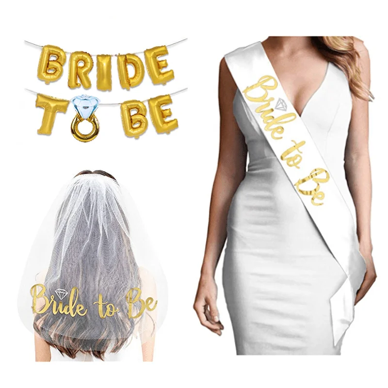 Bride to Be Wedding Veils Ring Crown Bridal Sash Party Decoration Set Gold Color Wedding Decor