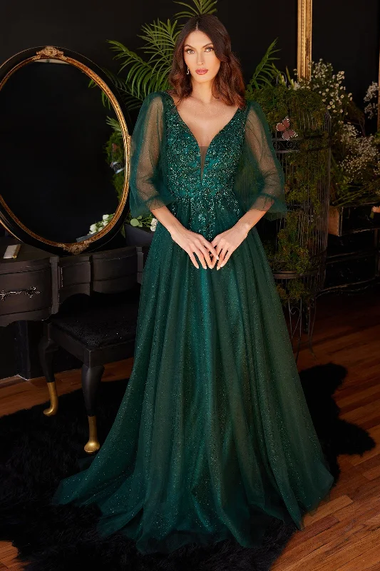 TightcompetitionCinderella Divine CD0182 Long Sleeve Mother of the Bride Long Tulle Dress Emerald