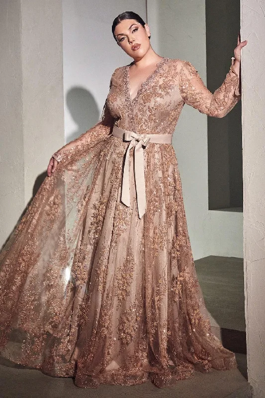 TightbuildCinderella Divine CD233C Long Sleeve Plus Size Evening Dress Rose Gold