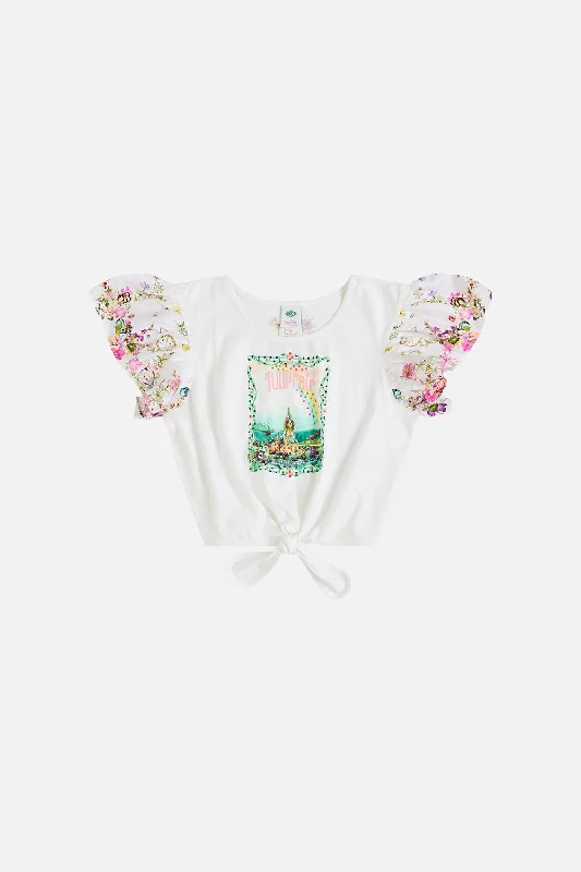 CROPPED TEE W TIE & EMBROIDERED SLEEVES 4-10 MUNCHKINLANDCroptoptimeless