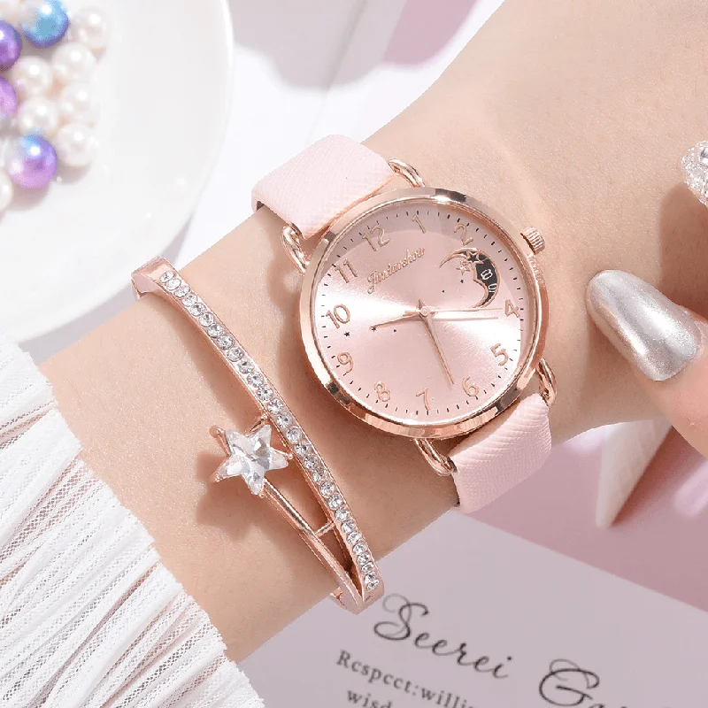 XR4379 Elegant Luxury 2Pcs Watch Set Women Bracelet Quartz Watch Moon Starry Dial Leather Strap Ladies Gift