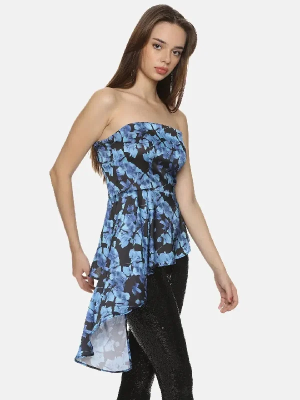 Floral Blue Flared Bandeau Top-17307Croptopseam