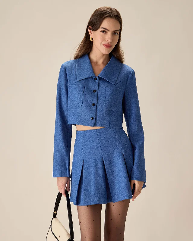 Blue Single-Breasted Pocket Crop Jacket | BlueCroptopblockchain