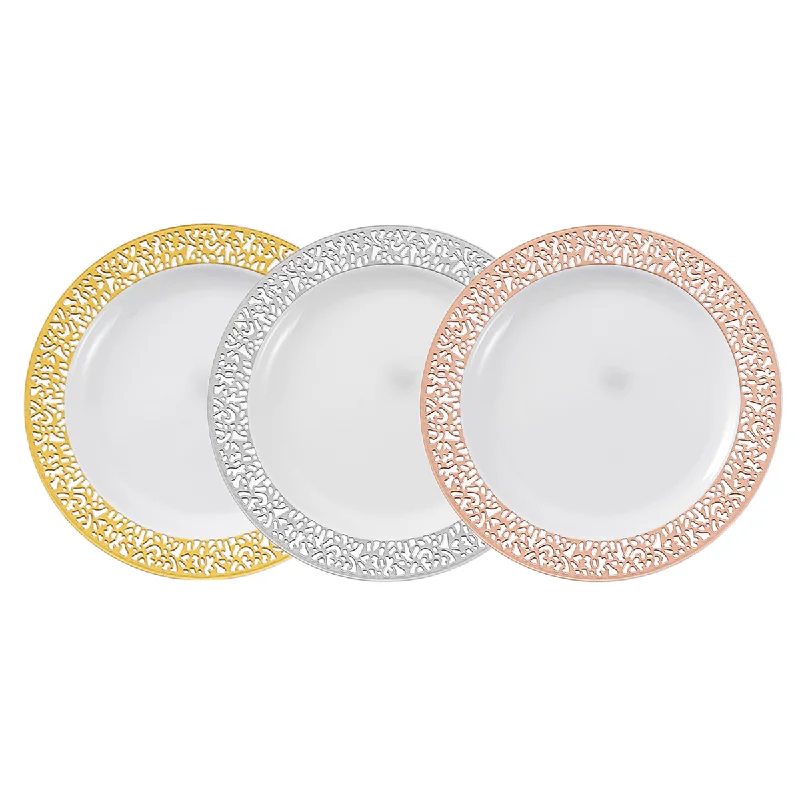 6Pcs/Set Disposable Plastic Dessert Plates Hollow Edge Wedding Party Plastic Plates Salad Plates for Holiday Party