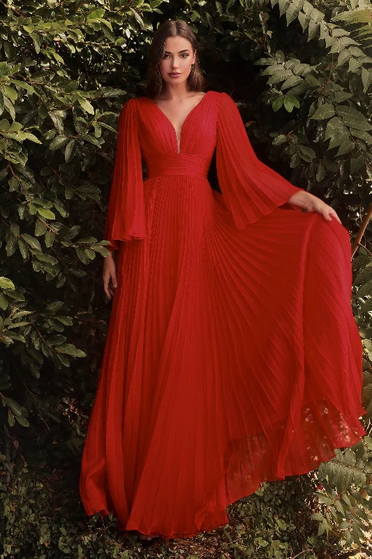 TightwrapCinderella Divine CD242 Long Sleeve Pleated Formal Prom Dress Red