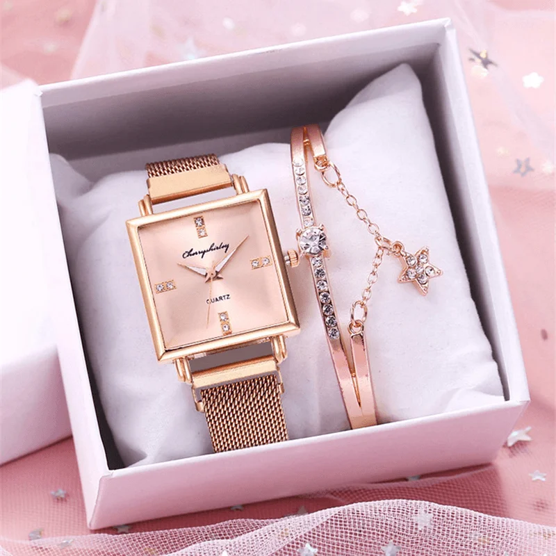 Ladies Fashion Watch Set Creative Square Dial Magnet Buckle Stainless Steel Mesh Band Women Quartz Watch Elegant Bracelet