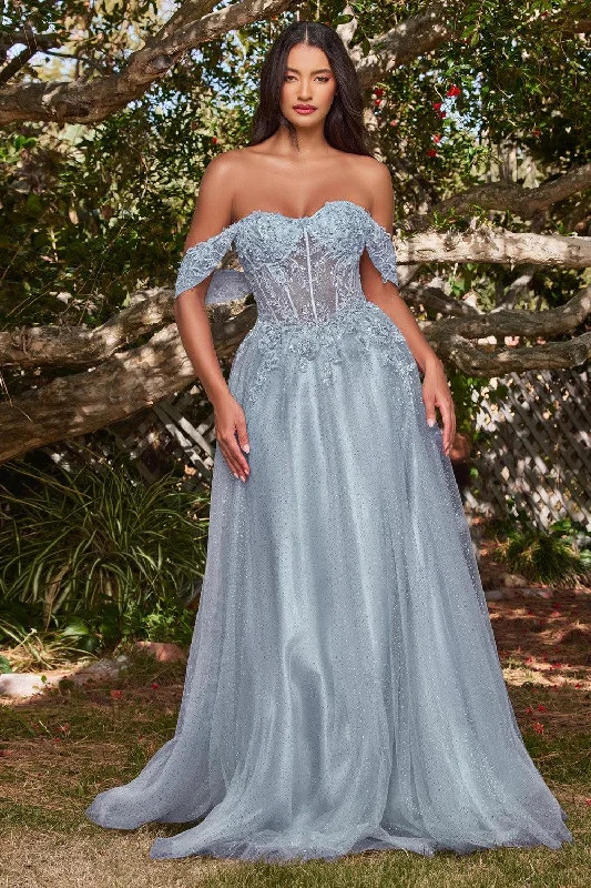 TightframeCinderella Divine CD0198 Off Shoulder Corset Long Prom Ball Gown Smoky Blue