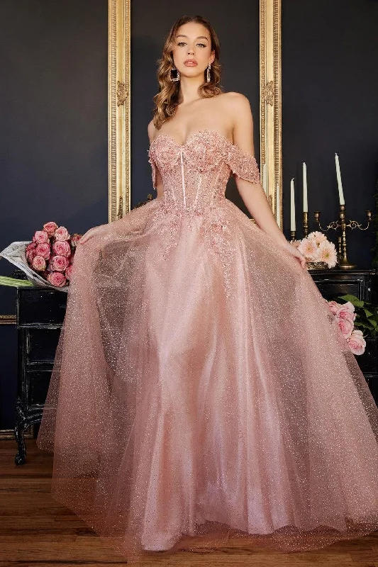 TightsleeveCinderella Divine CD0198 Off Shoulder Corset Long Prom Ball Gown Blush