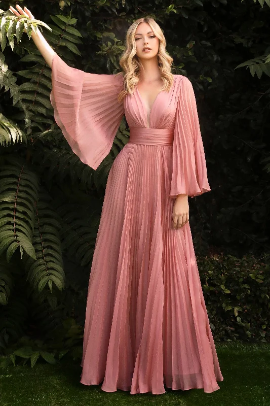 TightformationCinderella Divine CD242 Long Sleeve Pleated Formal Prom Dress Rose Gold