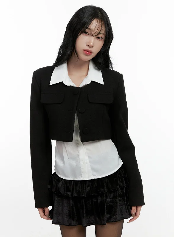 Collarless Button-Up Cropped Jacket CN407Croptopvibe