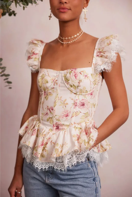 Autumn Floral Corset Blouse - Bustier Top with Vintage Ruffle Lace