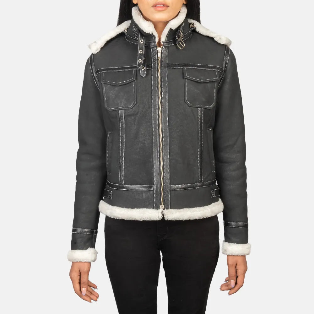 Fishing JacketsBlack Leather Jacket woman with Shearling Hood