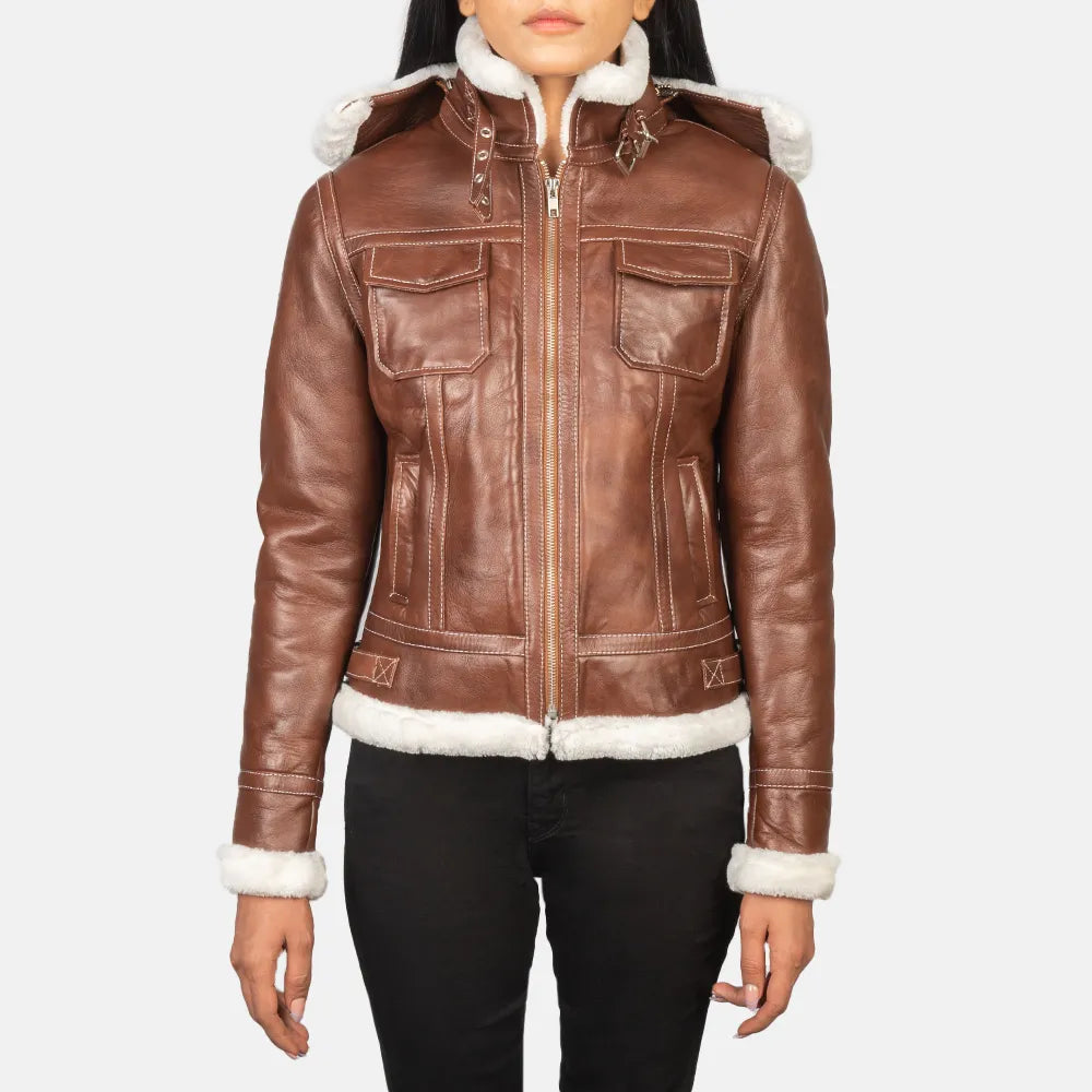 Sherpa JacketsBrown Bomber Jacket Leather with Removable Hood