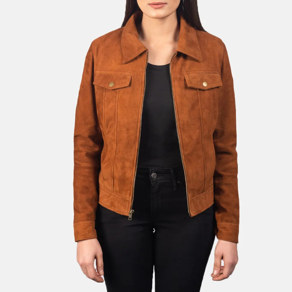 Designer JacketsBrown Suede Trucker Jacket with Shirt Collar