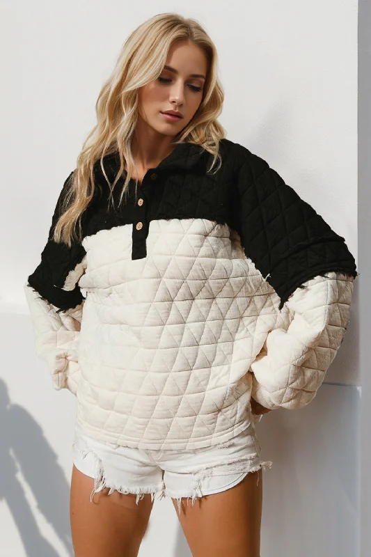 Ski JacketsDouble Take Quarter Button Contrast Long Sleeve Quilted Sweatshirt