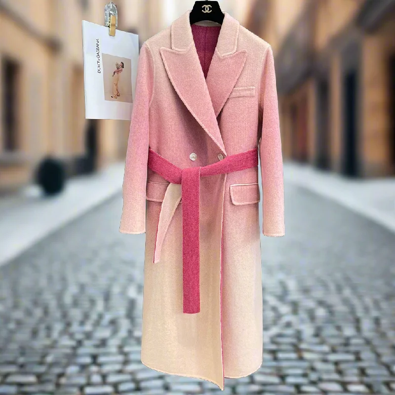 Polyester JacketsSophia™ | Fashion Gradient Color Belt Wool Overcoat