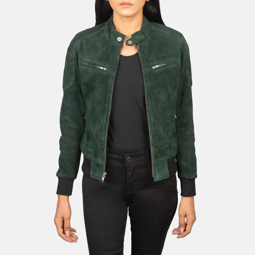 Performance JacketsSuede Green Jacket Ladies - Band with Snap Button Collar