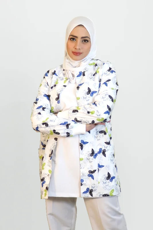 Hemp JacketsWhite Butterfly Printed Scrub Jacket