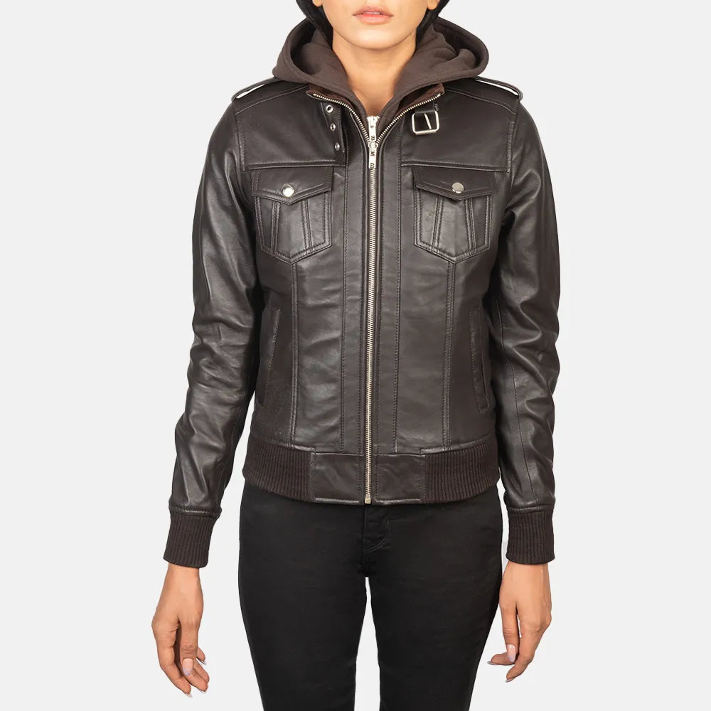 Field JacketsLeather Bomber Jacket Brown with Removable Fabric Hood