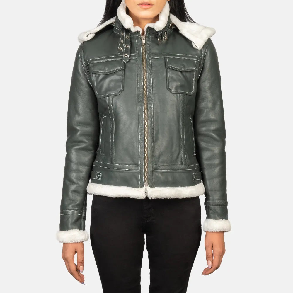 Casual JacketsWomen's Leather Jacket Dark Green with Hooded Shearling Leather