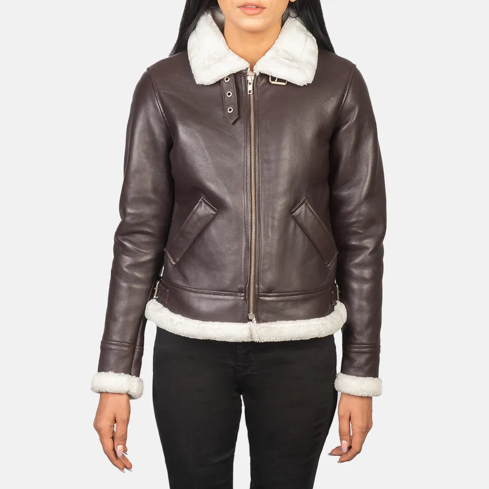 Nylon JacketsWomen's Bomber Maroon Leather Coat with Zipper Closure