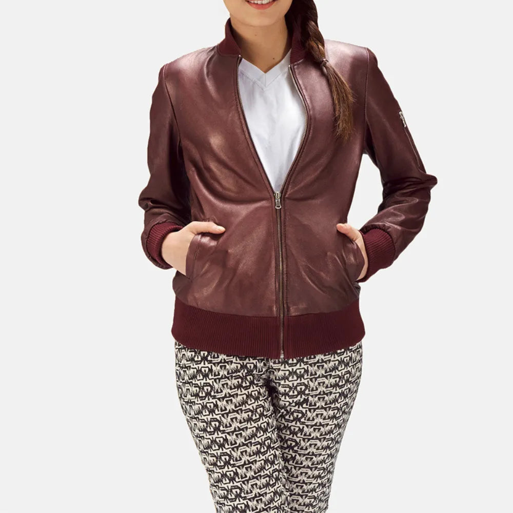 Pocketed JacketsBomber Maroon Leather Jacket Ladies in Varsity Style