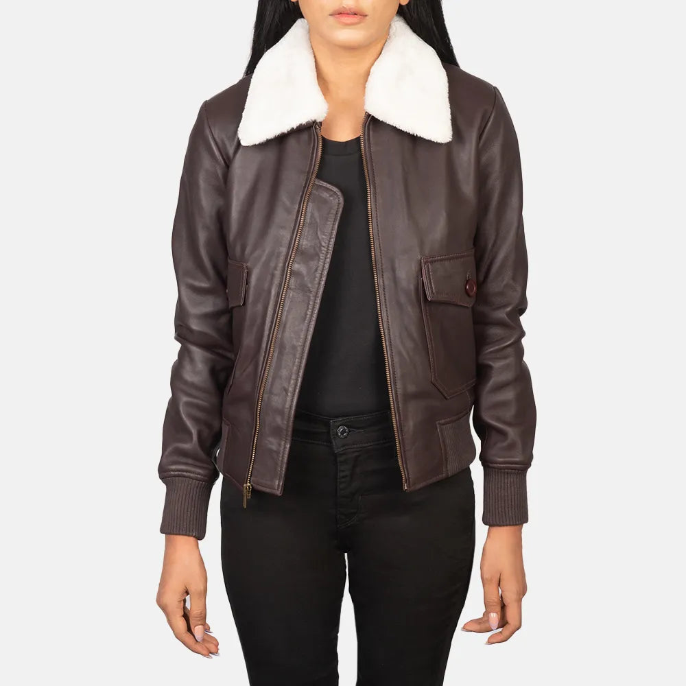 Winter JacketsBomber Maroon Leather Jacket Women with Removable Collar