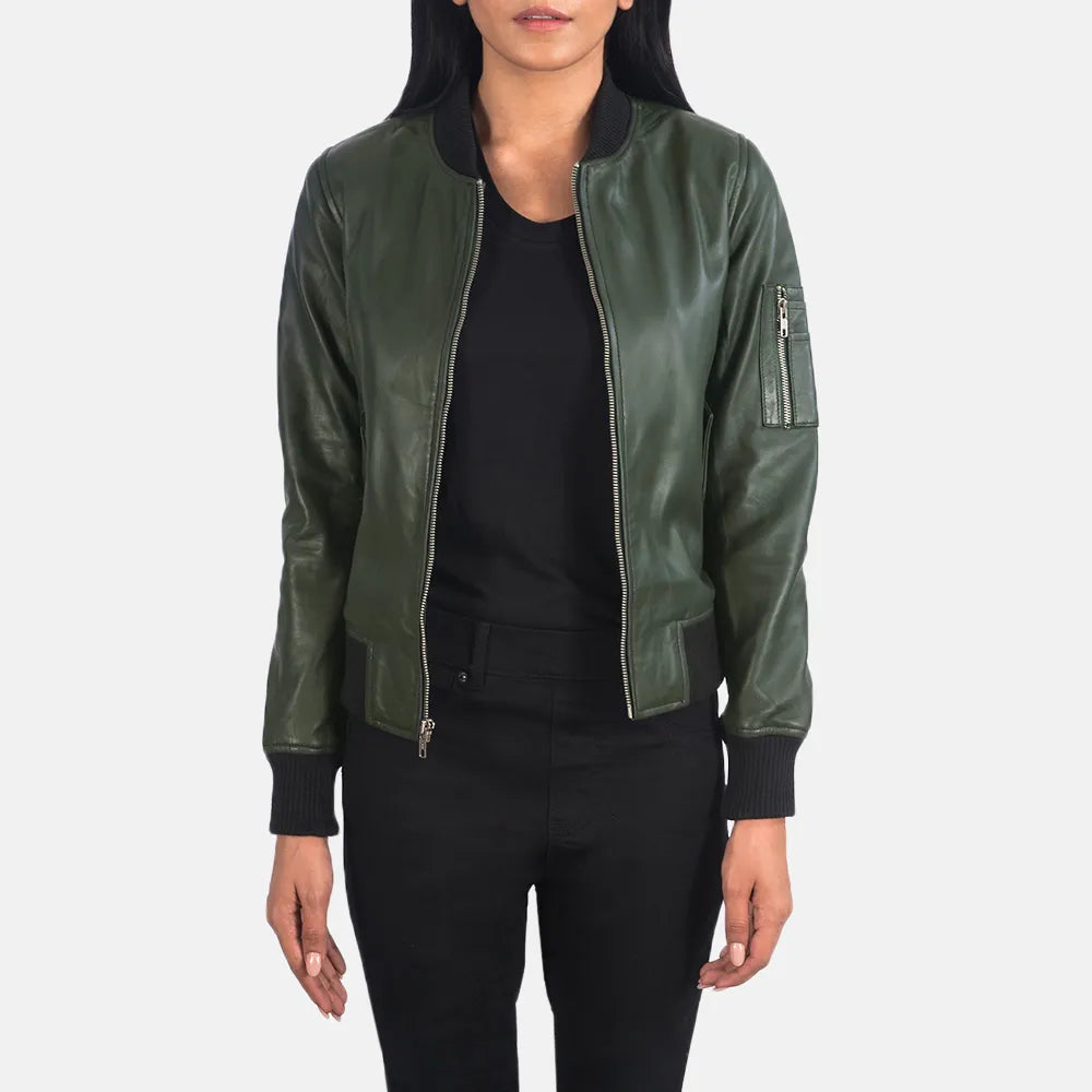 Urban JacketsBomber Vintage Green Leather Jacket with Zipper Closure