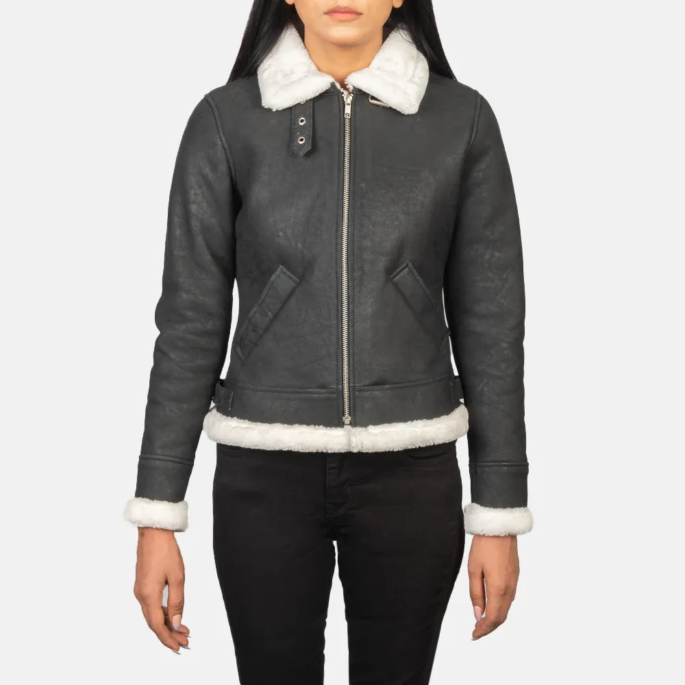 Puffer JacketsBomber Black & White Leather Jacket Women with Zipper Closure