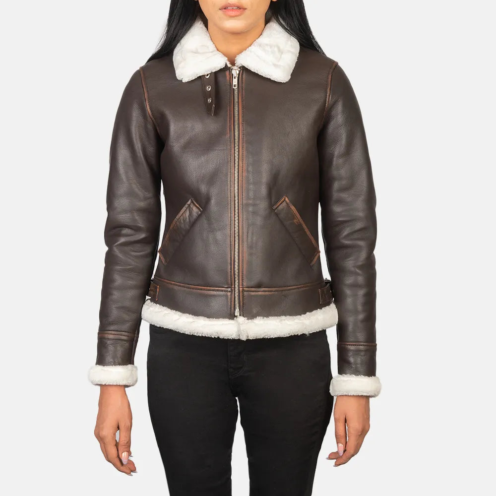 Leather-Paneled JacketsBrown Women's Leather Bomber Jacket with Buckled Collar