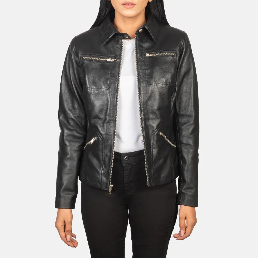 Mesh JacketsWomen's Leather Jacket in Black - Shirt with snap button