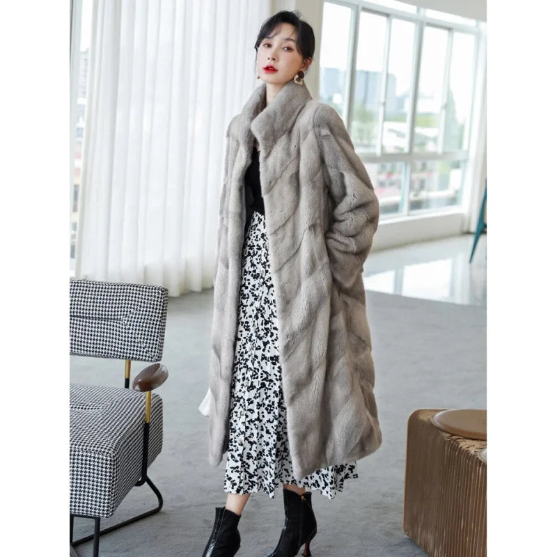 Hooded JacketsWomen's Luxury Winter Warm Real Mink Fur Mandarin Collar Thick Long Jacket