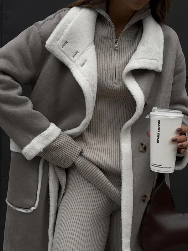 Streetwear JacketsWomen's patch pocket gray and white color block coat lapel one-piece fur coat