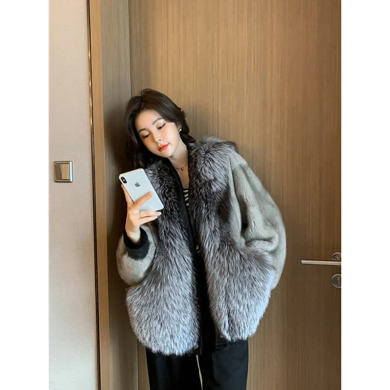 Suede JacketsWomen's Winter Warm Natural Imported Mink Fox Fur Single Breasted Jacket