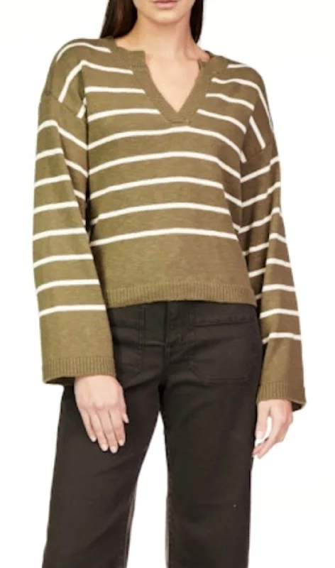 Zippered Knit TopsChill Vibes Sweater In Olive Stripe