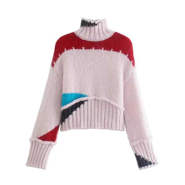 Lounge Knit TopsColor blocking design half high neck sweater retro lazy sweater  7420