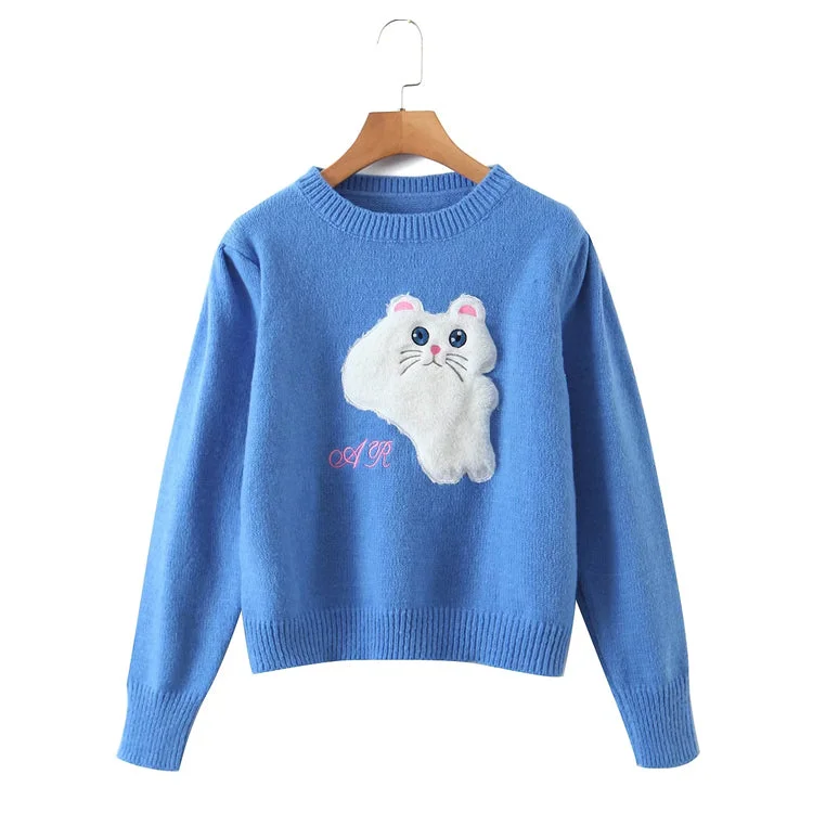 Summer Knit TopsCrew neck Pullover cartoon cat loose sweater  7454