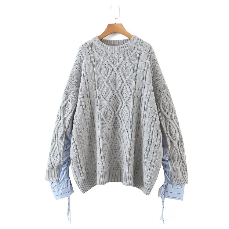 Cotton Knit TopsDesign sense splicing sleeve round neck Pullover medium length sweater  7477