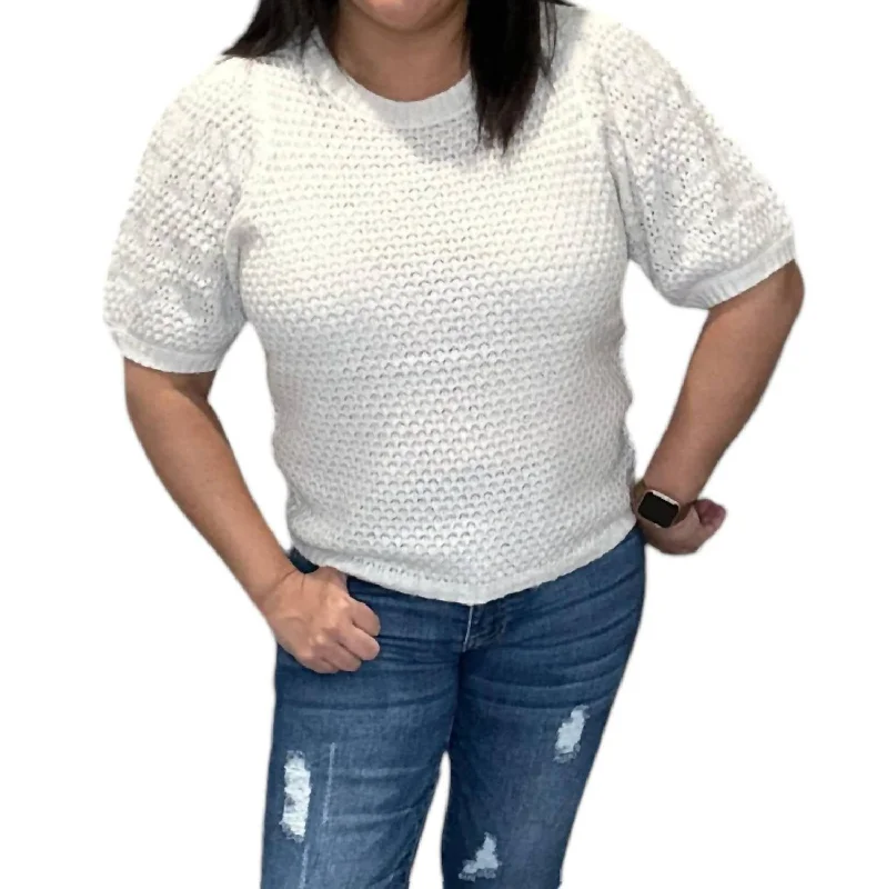 Athletic Knit TopsDoc Short Puff Sleeve Knit Sweater In White