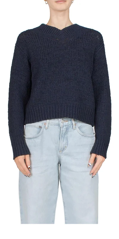 Thermal Knit TopsDrop Shoulder V-Neck Sweater In Navy